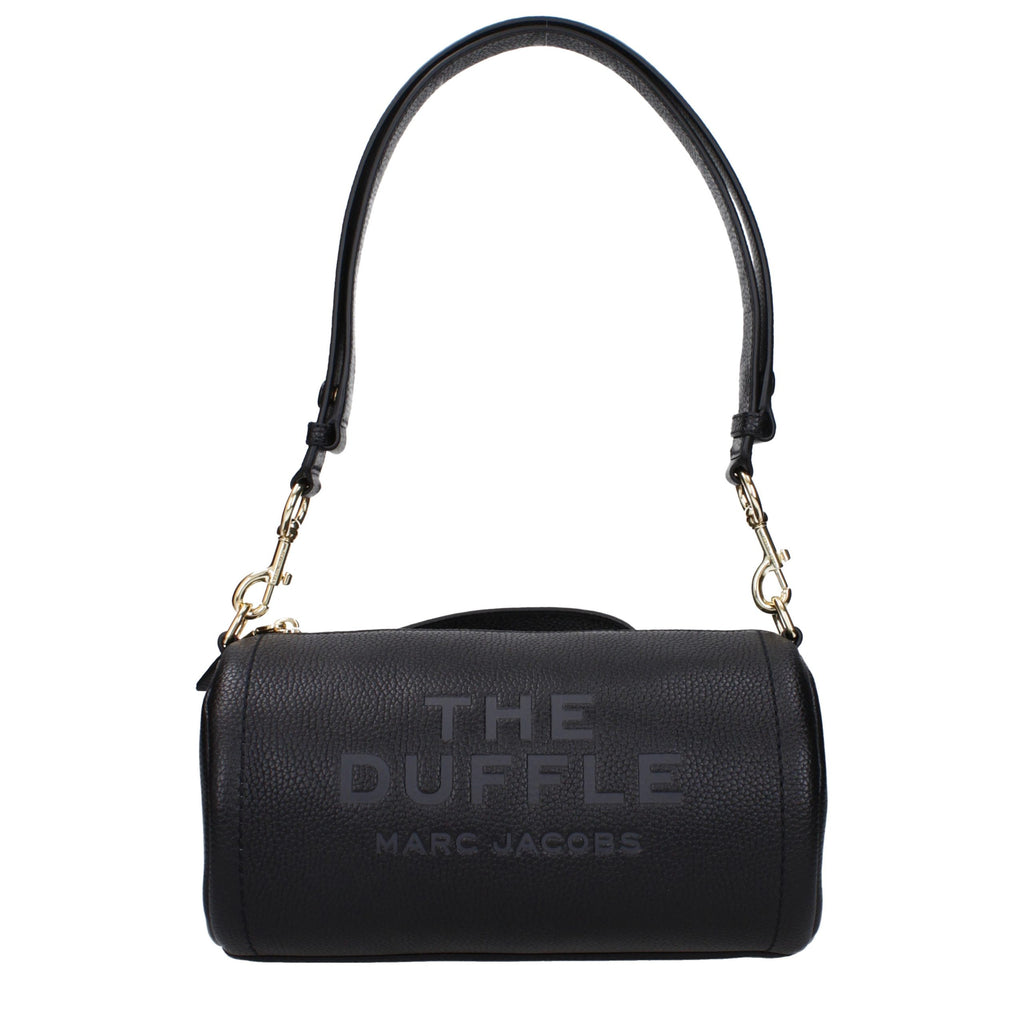 Black leather Marc Jacobs handbag with silver hardware and structured design, featuring top handles and a sleek, modern style.