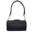 Black leather Marc Jacobs handbag with silver hardware and structured design, featuring top handles and a sleek, modern style.
