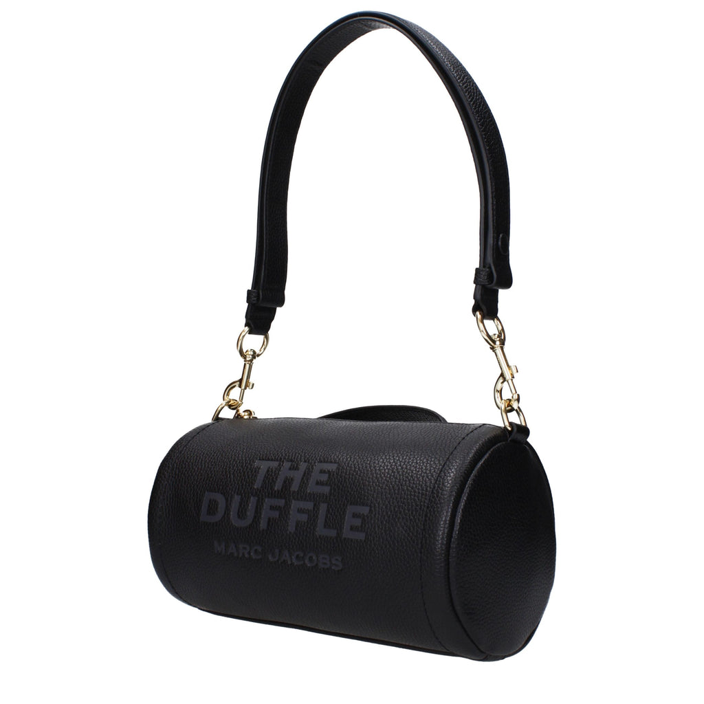 Black leather Marc Jacobs handbag with sleek design and silver hardware, featuring top handles and a spacious interior.