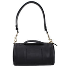 Black leather Marc Jacobs handbag with silver hardware and top handle, featuring a sleek, structured design.