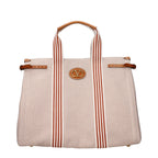 Beige Valentino Garavani fabric handbag with structured design and top handles, featuring subtle branding details.