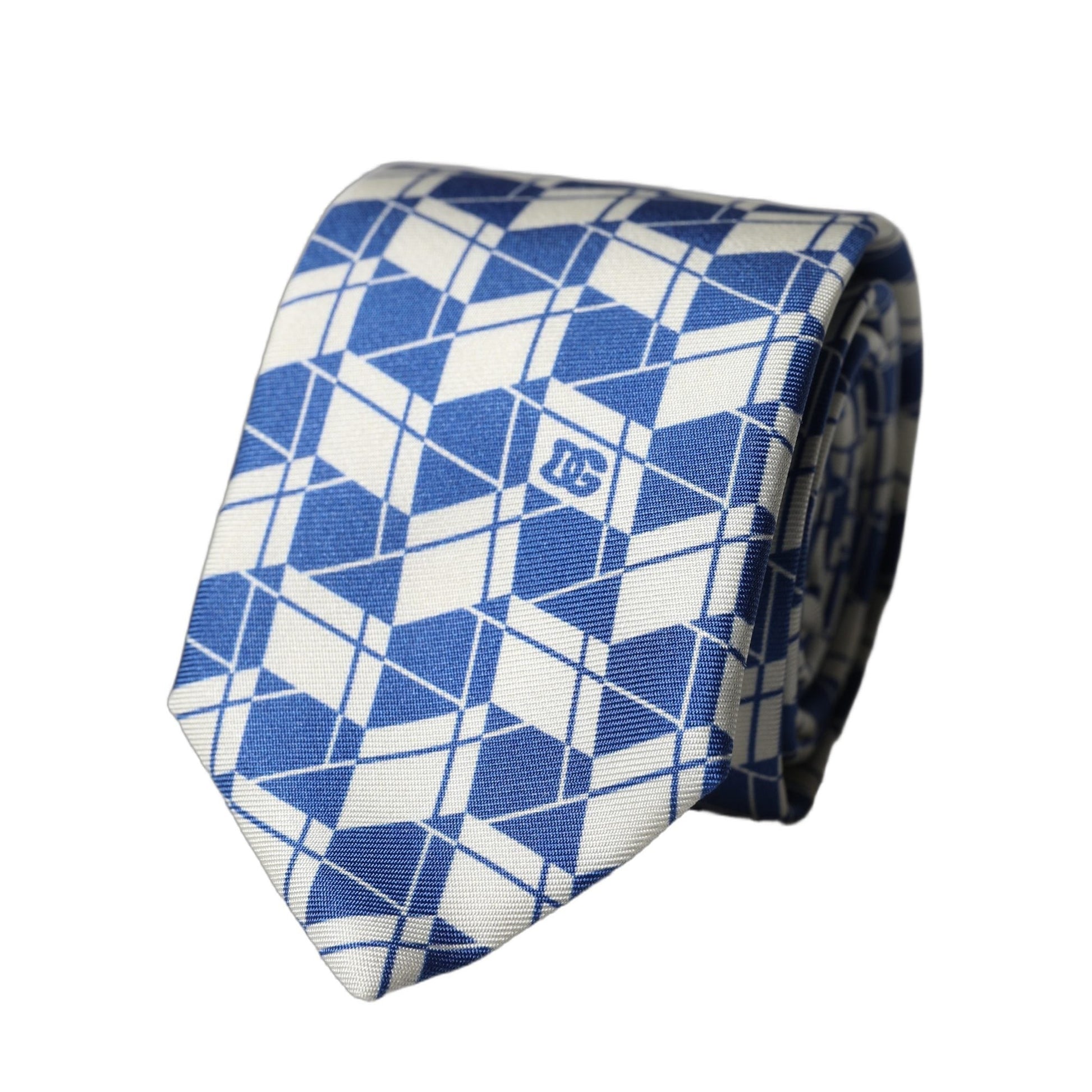 Dolce & Gabbana Blue White Geometric Silk Adjustable Men Tied Necktie Tie