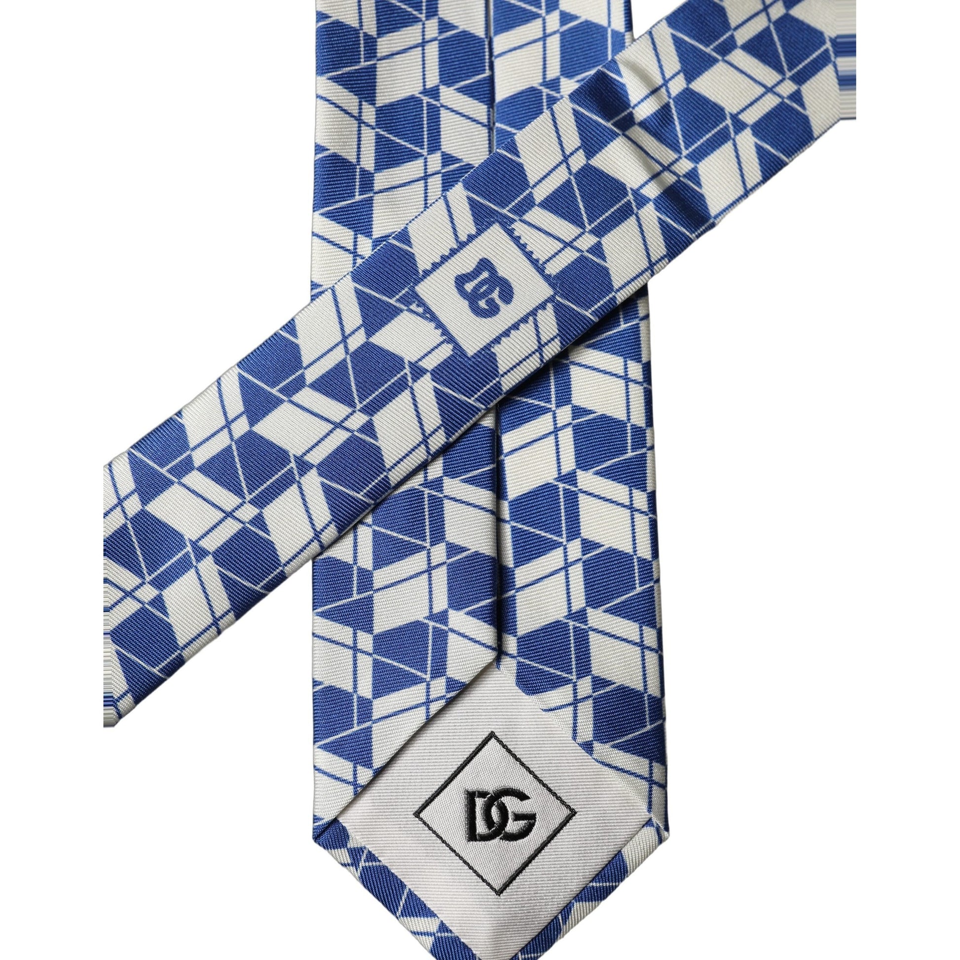 Dolce & Gabbana Blue White Geometric Silk Adjustable Men Tied Necktie Tie