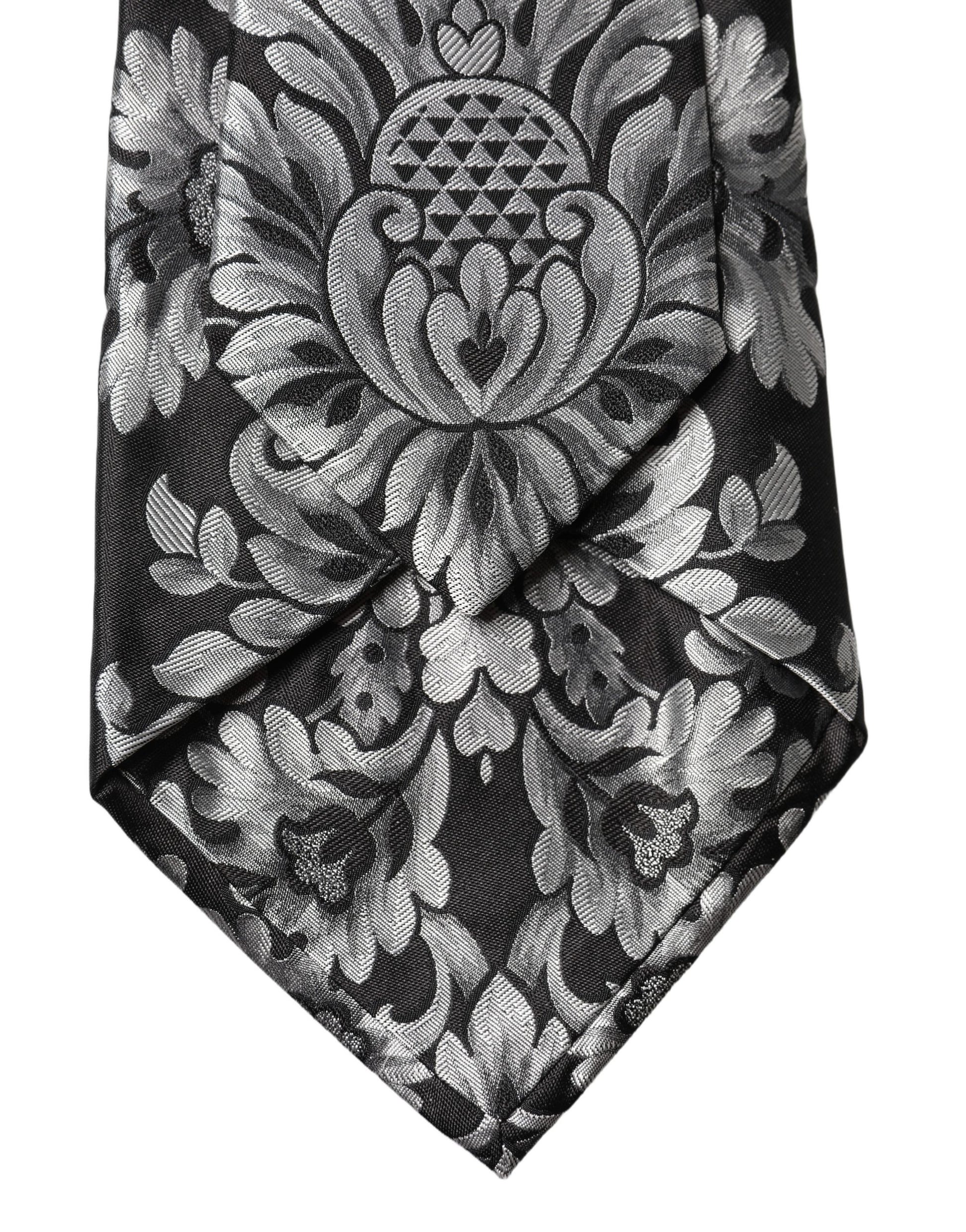 Dolce & Gabbana Black Silver Floral Silk Adjustable Women Necktie Tie