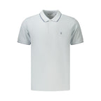 Coveri Moving Azzurro cotton men's polo shirt with a classic collar and short sleeves, displayed on a hanger.