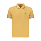 Orange cotton men's polo shirt by Coveri Moving, featuring a classic collar and short sleeves, displayed on a hanger.