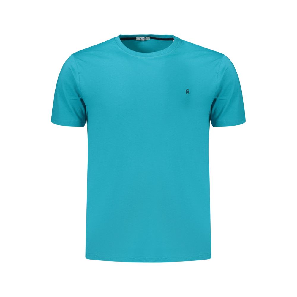 Coveri Moving Azzurro cotton men's T-shirt displayed on a hanger with a casual fit and blue color.