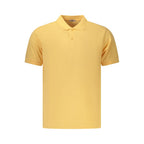 Orange cotton men's polo shirt by Coveri Moving with a classic collar and short sleeves, displayed on a hanger.