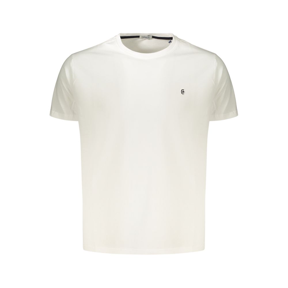 White Coveri Moving Cotton Men's T-Shirt with a round neckline and simple design, displayed flat on a plain background.