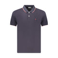 Blue cotton men's polo shirt from Coveri Moving with a classic fit and short sleeves, displayed flat on a white background.