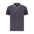 Blue cotton men's polo shirt from Coveri Moving with a classic fit and short sleeves, displayed flat on a white background.