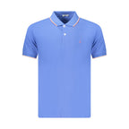 Blue cotton men's polo shirt by Coveri Moving, featuring a classic collar and short sleeves, displayed flat on a white background.