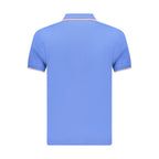 Blue cotton men's polo shirt by Coveri Moving, featuring a classic collar and short sleeves, displayed on a hanger.