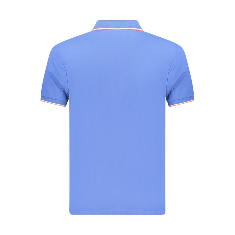 Blue cotton men's polo shirt by Coveri Moving, featuring a classic collar and short sleeves, displayed on a hanger.
