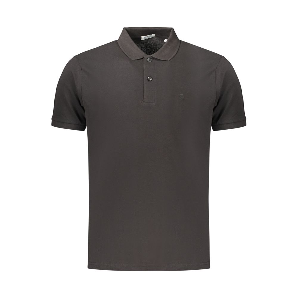 Black men's cotton polo shirt by Coveri Moving, featuring a classic collar and short sleeves, displayed on a hanger.