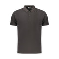 Black men's cotton polo shirt by Coveri Moving, featuring a classic collar and short sleeves, displayed on a hanger.
