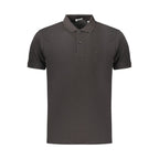 Black men's cotton polo shirt by Coveri Moving, featuring a classic collar and short sleeves, displayed on a hanger.