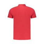 Red cotton men's polo shirt by Coveri Moving with a classic collar and short sleeves, laid flat on a white background.