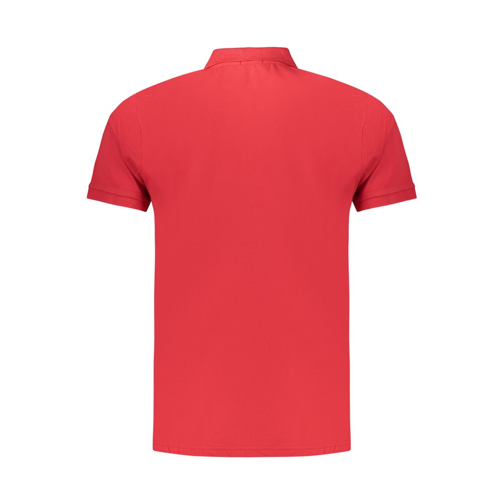 Red cotton men's polo shirt by Coveri Moving with a classic collar and short sleeves, laid flat on a white background.
