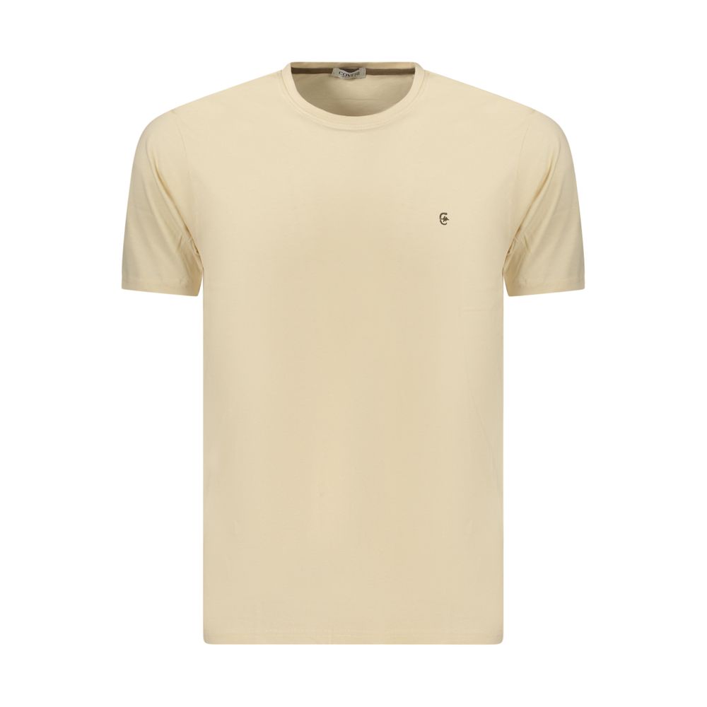 Beige cotton men's T-shirt by Coveri Moving, featuring a comfortable fit and classic design, shown on a model.