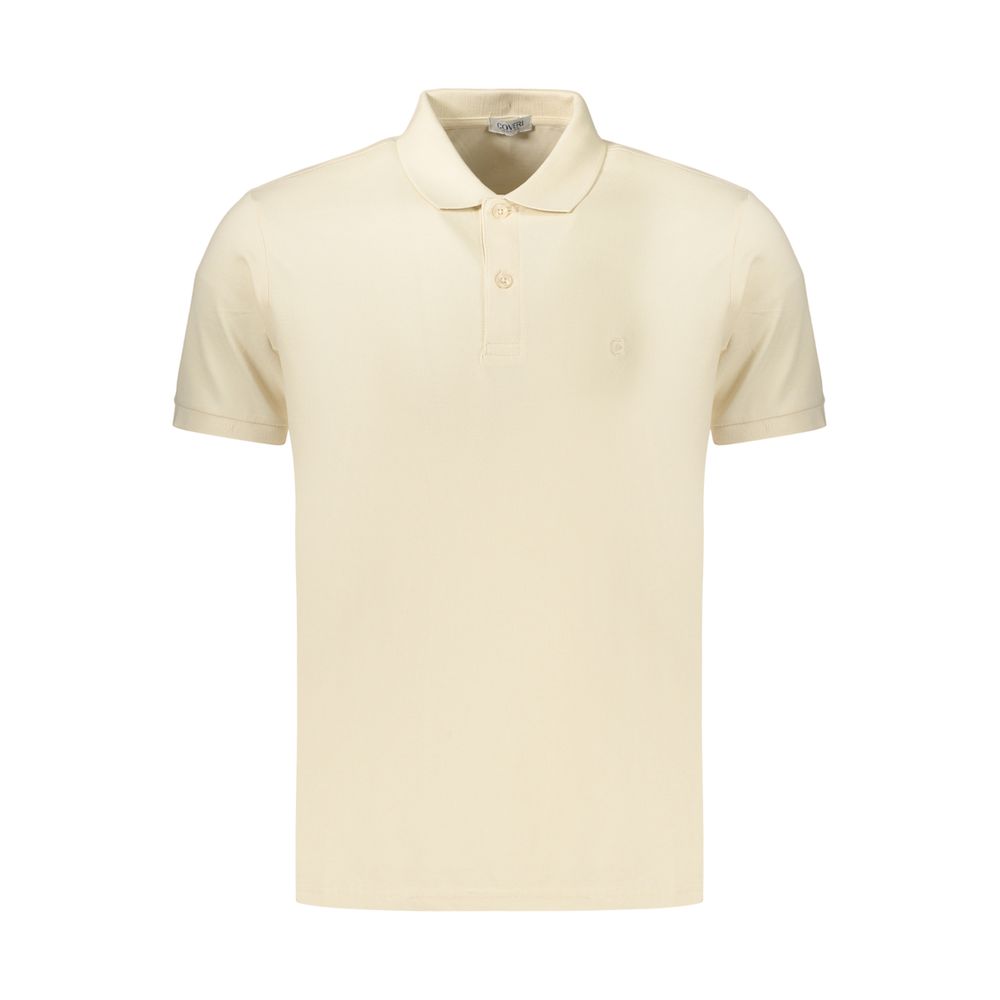 Beige cotton men's polo shirt by Coveri Moving, featuring a classic collar and short sleeves, styled on a hanger.