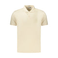 Beige cotton men's polo shirt by Coveri Moving, featuring a classic collar and short sleeves, styled on a hanger.
