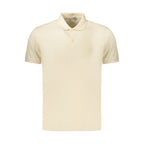 Beige cotton men's polo shirt by Coveri Moving, featuring a classic collar and short sleeves, styled on a hanger.