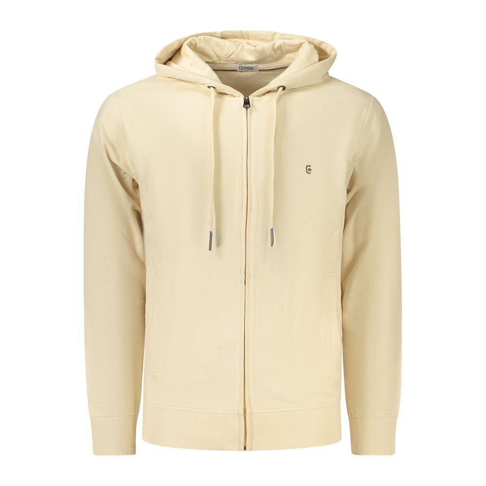 Beige cotton men's hoodie by Coveri Moving, featuring a comfortable fit and casual style with a front pocket and hood.