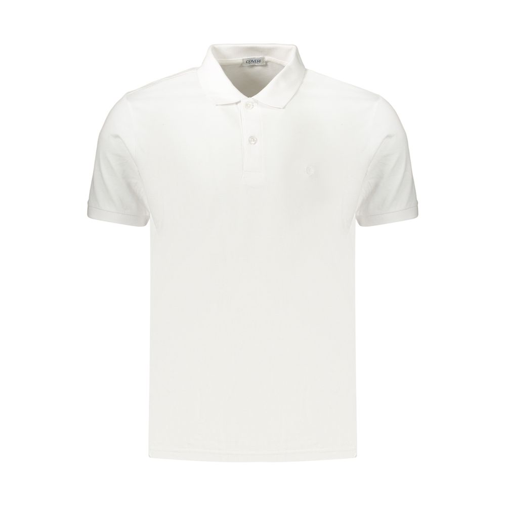 White Coveri Moving men's cotton polo shirt with a classic collar and short sleeves, displayed on a plain background.