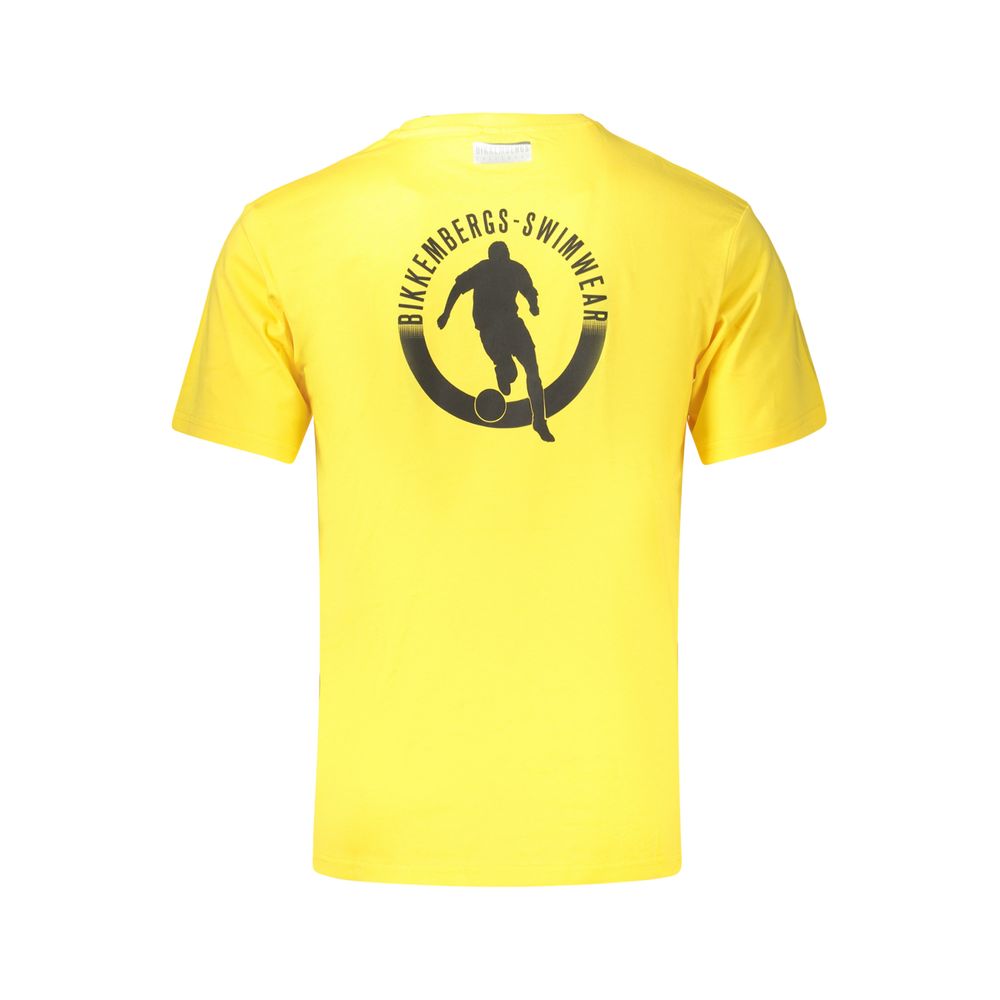Yellow cotton men's T-shirt by Bikkembergs, featuring a classic fit and short sleeves, displayed on a neutral background.