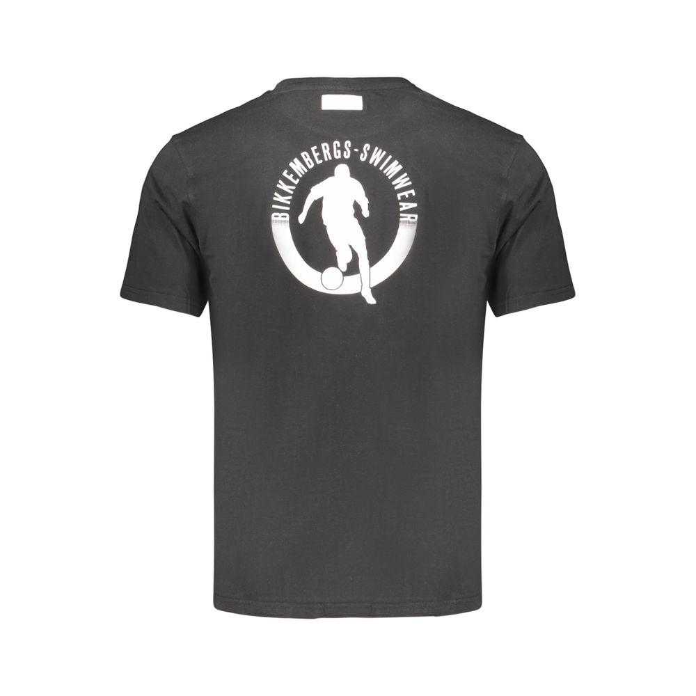 Black cotton men's T-shirt by Bikkembergs, casual fit with short sleeves and round neckline, displayed flat on a white background.