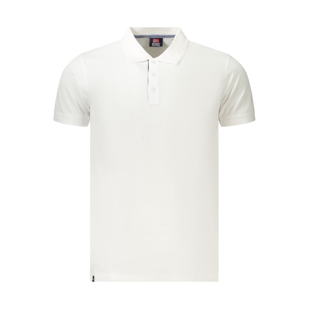 Norway 1963 white cotton men's polo shirt displayed on a hanger, featuring a classic collar and short sleeves.