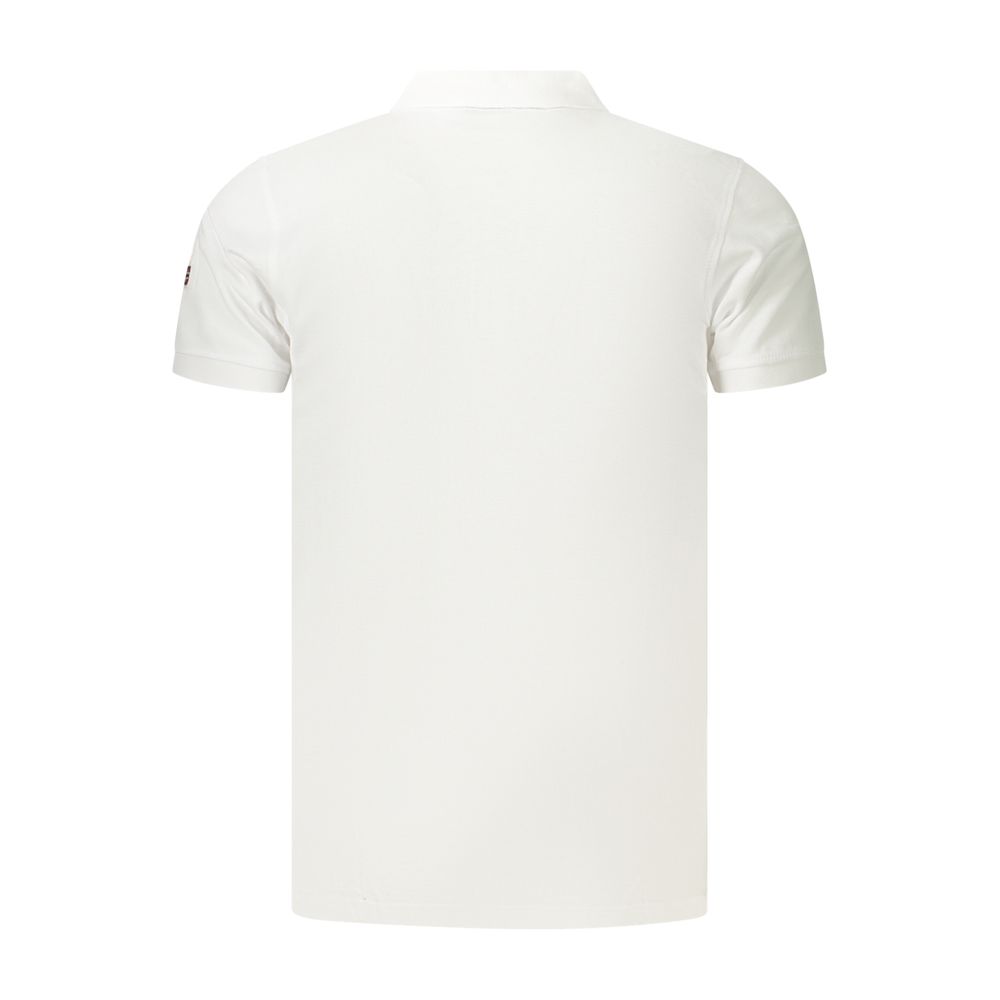 White cotton men's polo shirt by Norway 1963, featuring a classic collar and short sleeves, laid flat.