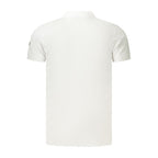 White cotton men's polo shirt by Norway 1963, featuring a classic collar and short sleeves, laid flat.