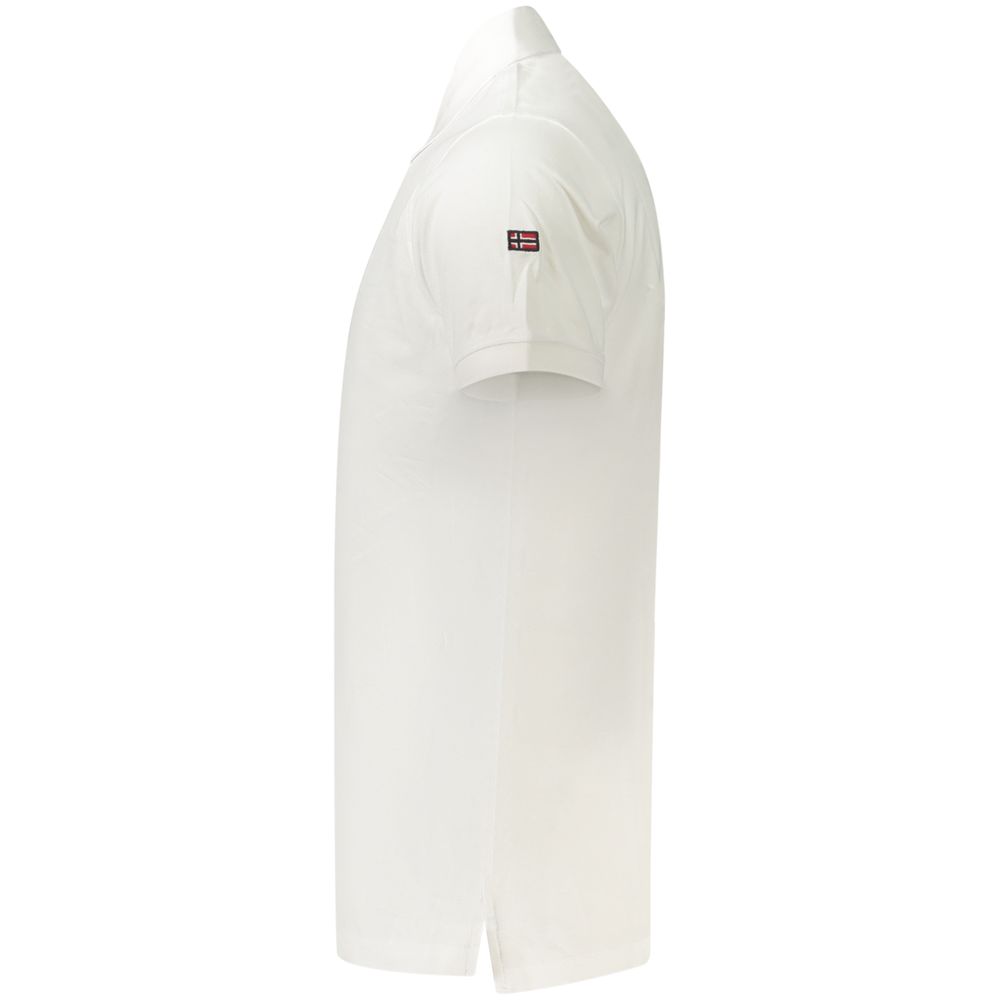 White cotton men's polo shirt by Norway 1963, featuring a classic collar and short sleeves, displayed on a hanger.
