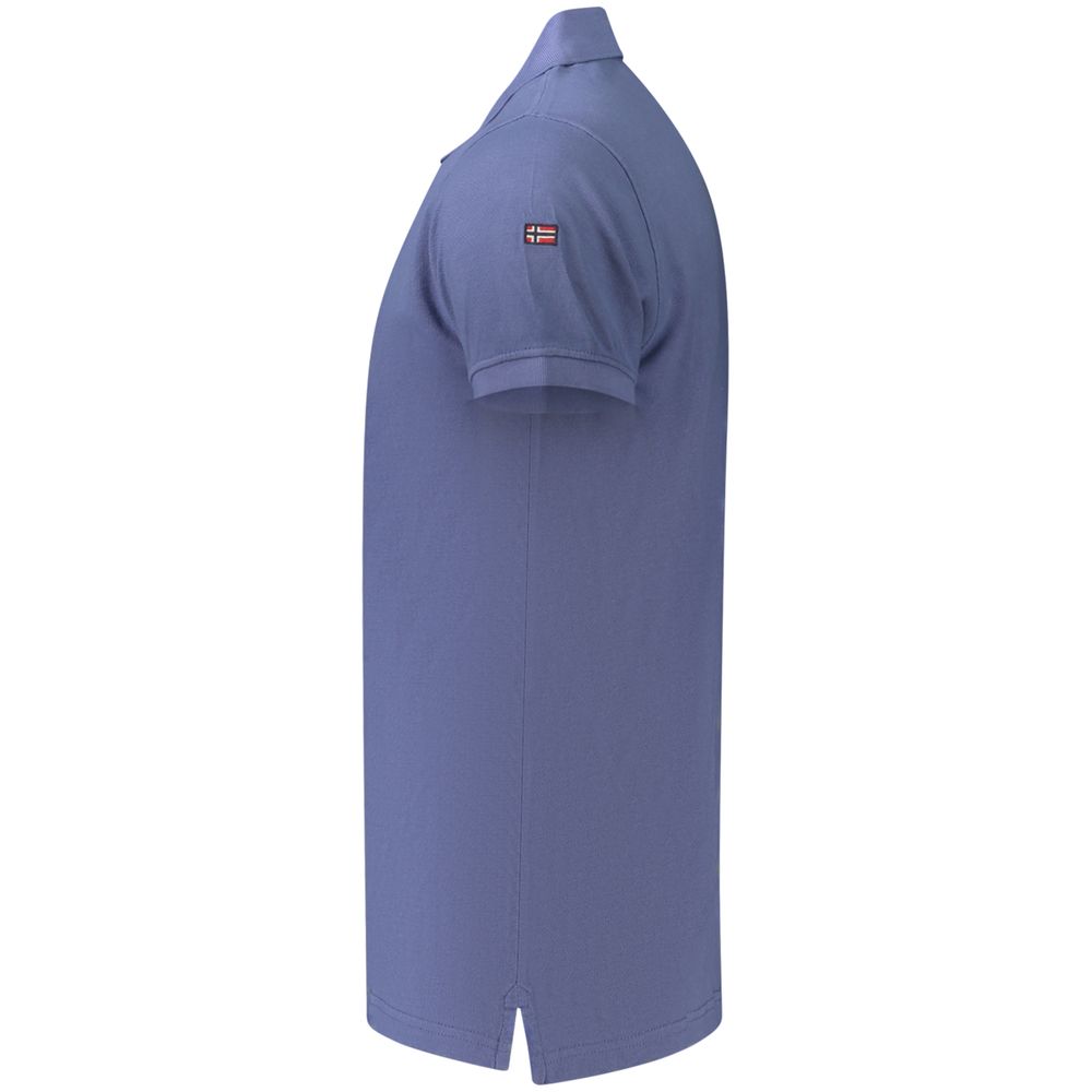 Blue cotton men's polo shirt by Norway 1963 with a classic fit and short sleeves, shown on a mannequin.
