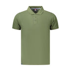 Norway 1963 Verde cotton men's polo shirt displayed on a hanger, featuring a classic collar and short sleeves.