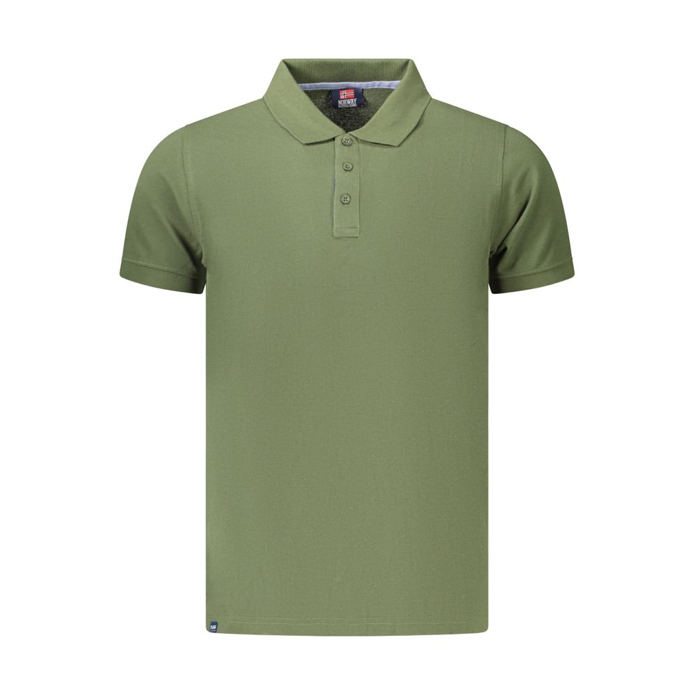 Norway 1963 Verde cotton men's polo shirt displayed on a hanger, featuring a classic collar and short sleeves.