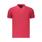 Norway 1963 Rosso cotton men's polo shirt displayed on a hanger, featuring a classic collar and short sleeves.