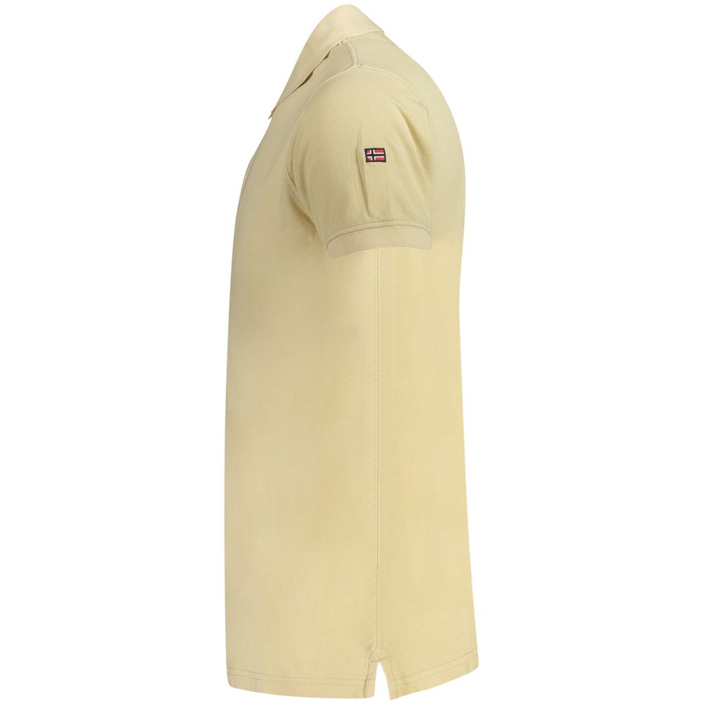 Beige cotton men's polo shirt by Norway 1963, featuring a classic collar and short sleeves, displayed on a hanger.