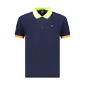 Norway 1963 blue cotton men's polo shirt laid flat showing collar and buttons, casual style with short sleeves.