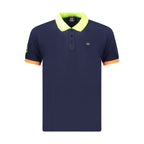 Norway 1963 blue cotton men's polo shirt laid flat showing collar and buttons, casual style with short sleeves.