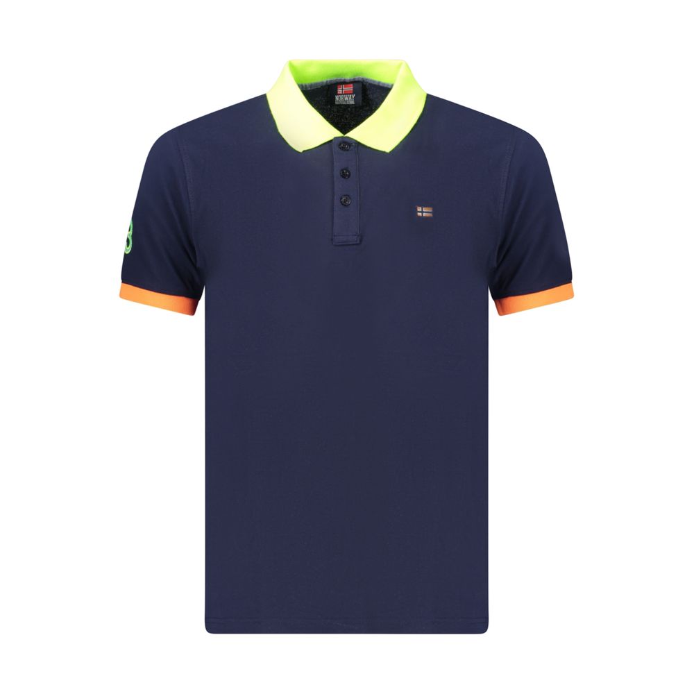 Norway 1963 blue cotton men's polo shirt laid flat showing collar and buttons, casual style with short sleeves.