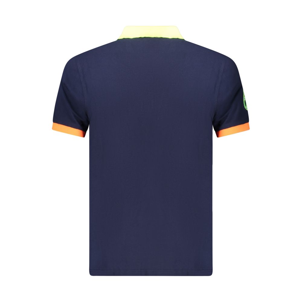 Norway 1963 men's blue cotton polo shirt with collar and short sleeves, casual style, front buttons, and fit for everyday wear.
