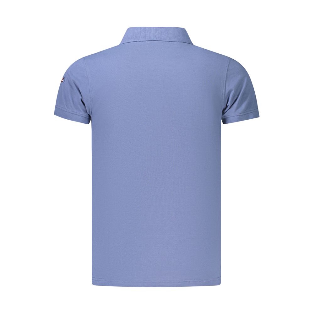 Norway 1963 blue cotton men's polo shirt with collar and short sleeves, displayed flat on a white background.