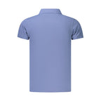 Norway 1963 blue cotton men's polo shirt with collar and short sleeves, displayed flat on a white background.