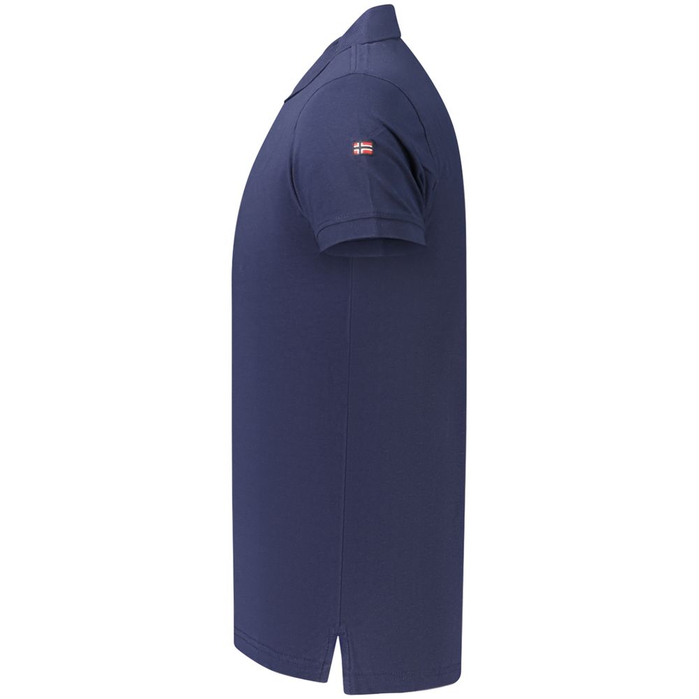 Norway 1963 blue cotton men's polo shirt laid flat, showing classic collar, short sleeves, and button placket.