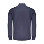 Norway 1963 blue cotton men's sweater with ribbed cuffs and neckline, featuring a classic fit and textured knit pattern.