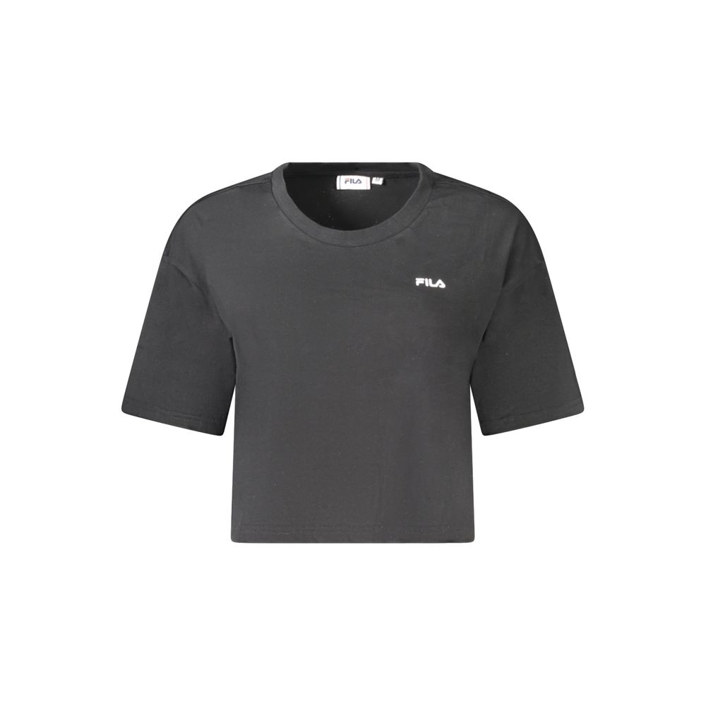 Black cotton women's T-shirt by Fila with a classic fit and short sleeves, displayed on a plain background.
