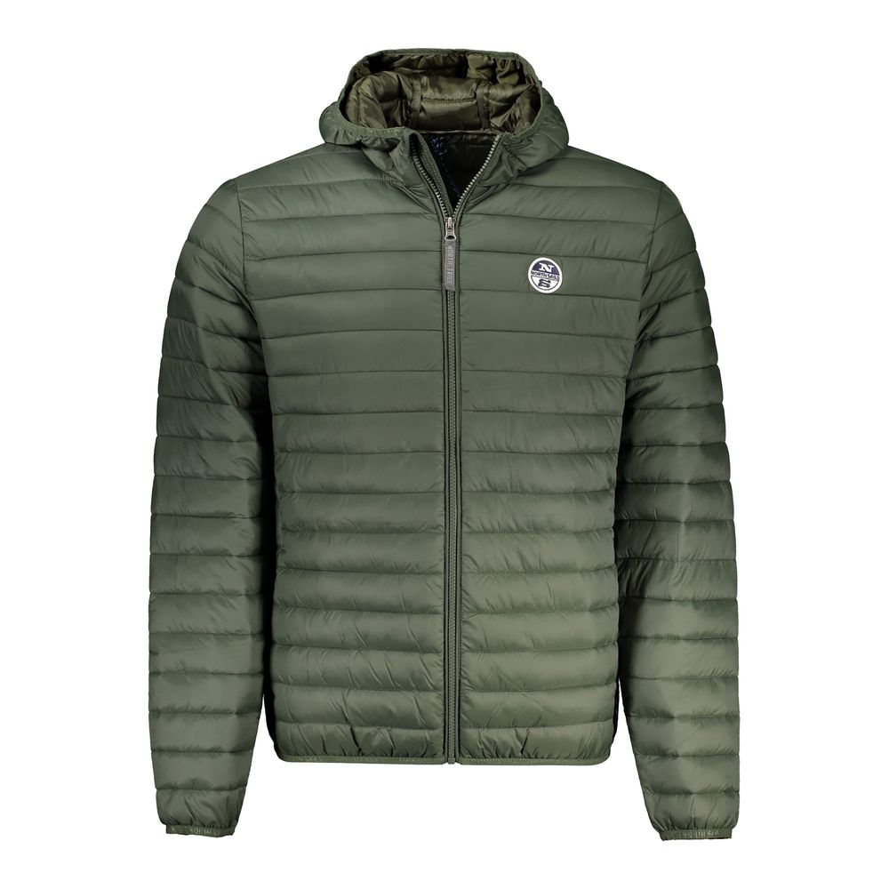 North Sails green polyamide men's jacket displayed on a hanger, showcasing the outdoor jacket's lightweight and durable fabric.